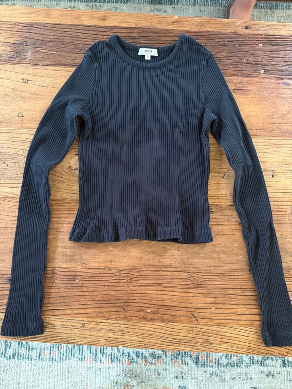 Agolde Black Ribbed Long Sleeve Crew Top with Ruffle Hem